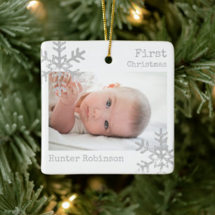 Ornement En Céramique Première photo de flocon de neige de Noël de bébé