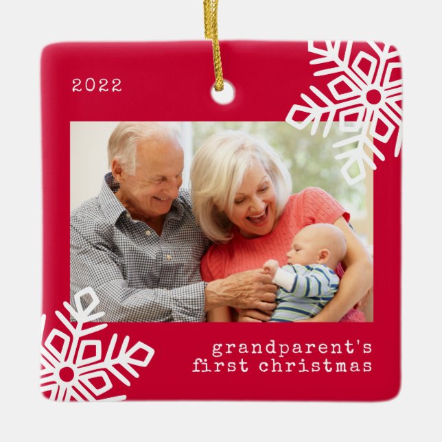 Ornement En Céramique Première photo de Noël du grand-parent Red Snowfla (Devant)