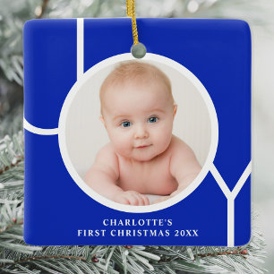 Ornement En Céramique Première photo personnalisée de Noël du bébé bleu