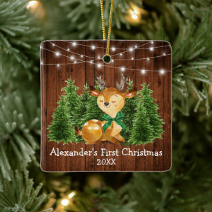 Ornement En Céramique Premières lumières de Noël du bébé Cerf Bow vert