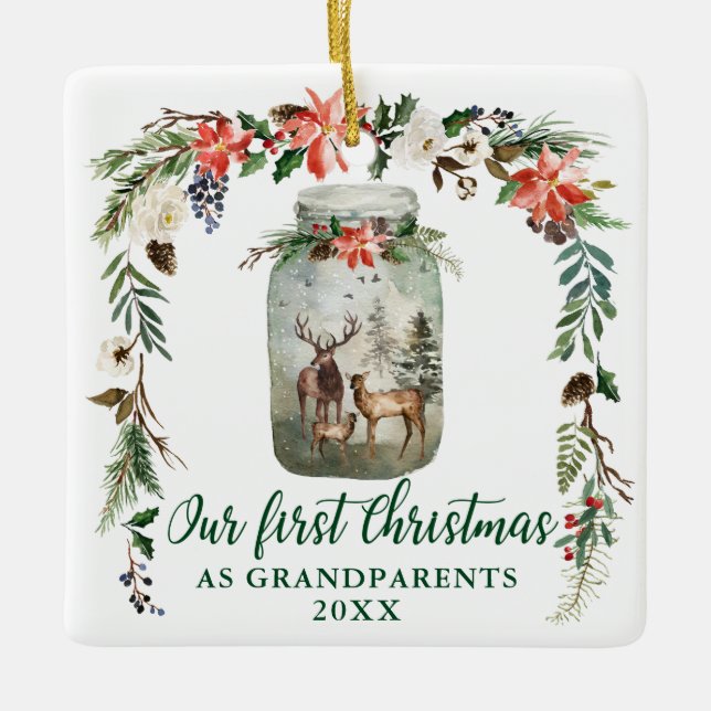 Ornement En Céramique Premiers grands-parents Noël Famille des cerfs d'h (Devant)