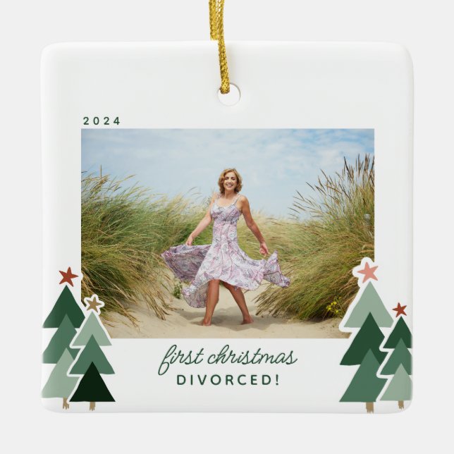 Ornement En Céramique Premiers Noël Divorcé Arbres Rustiques Photo (Devant)