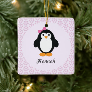 Ornement En Céramique Pretty Penguin with Floral Background