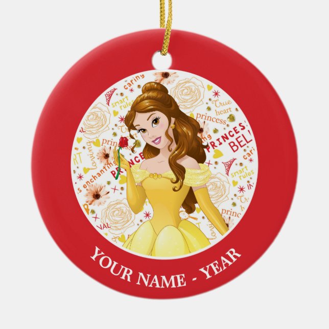 Ornement En Céramique Princesse Belle | Belle Holding Rose Ajouter Votre (Devant)