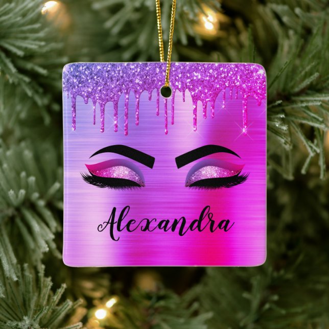 Ornement En Céramique Purple Glitter Sparkle Eyelashes Monogram (Arbre)