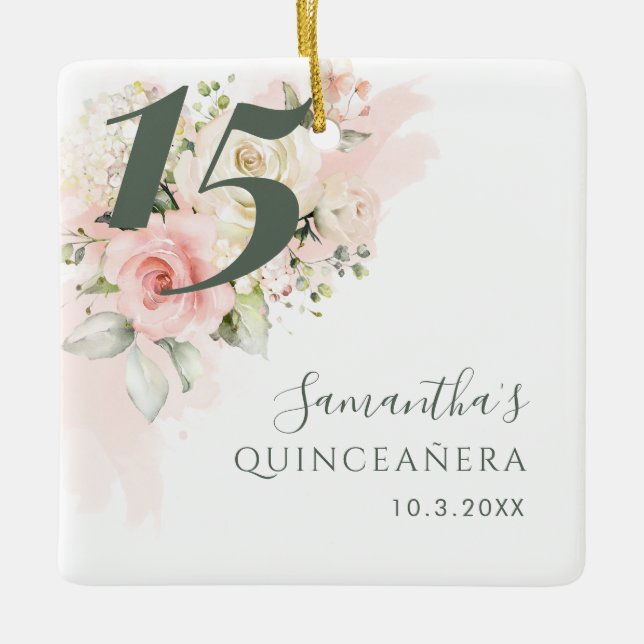 Ornement En Céramique Quinceanera florale rose 15e anniversaire Botaniqu (Devant)