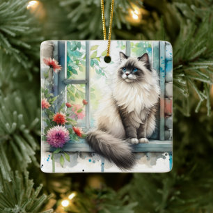 Ornement En Céramique Ragdol Chat dans Fenêtre Accueil Sweet Home