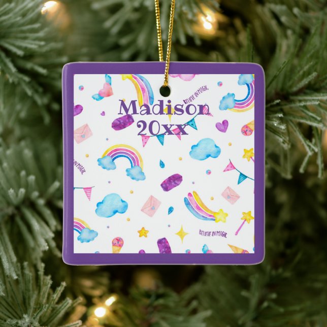 Ornement En Céramique Rainbow Magical Purple Personnaliser Nom Année Fil (Arbre)