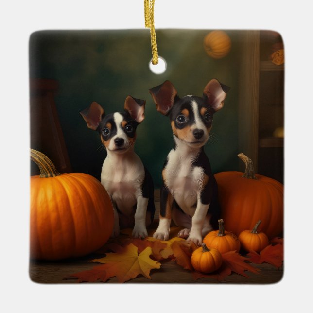 Ornement En Céramique Rat Terrier Chiot Automne Citrouille délice (Devant)