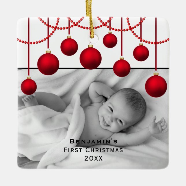Ornement En Céramique Red Bauble First Christmas Baby Photo en céramique (Devant)