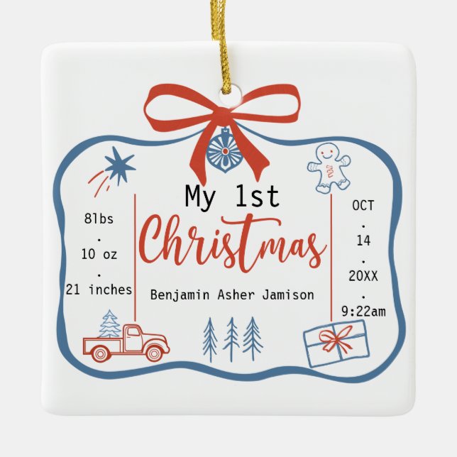 Ornement En Céramique Red & Blue Baby Boy's 1st Christmas Birth Stats (Devant)