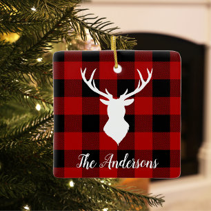Ornement En Céramique Red Buffalo Plaid & Deer   Nom personnel Cadeau