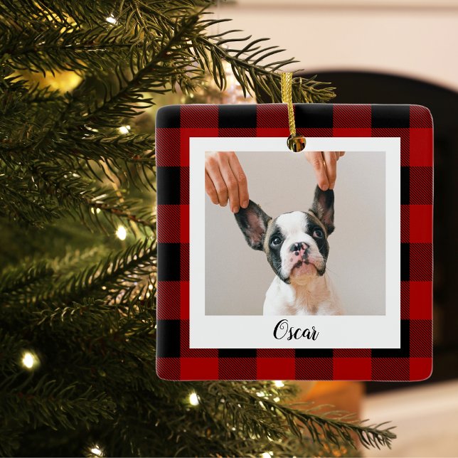 Ornement En Céramique Red Buffalo Plaid & Nom Et Photo Chien (Créateur téléchargé)