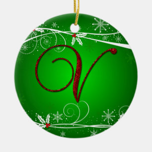 Ornement En Céramique Red Greens Holly Initial V Christmas Ornament