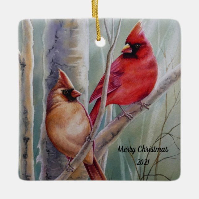 Ornement En Céramique Red Northern Cardinal Bird Pair Aquarelle Art (Devant)