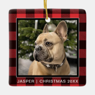 Ornement En Céramique Red Plaid  Family Chien Photo Keepsaké Noël