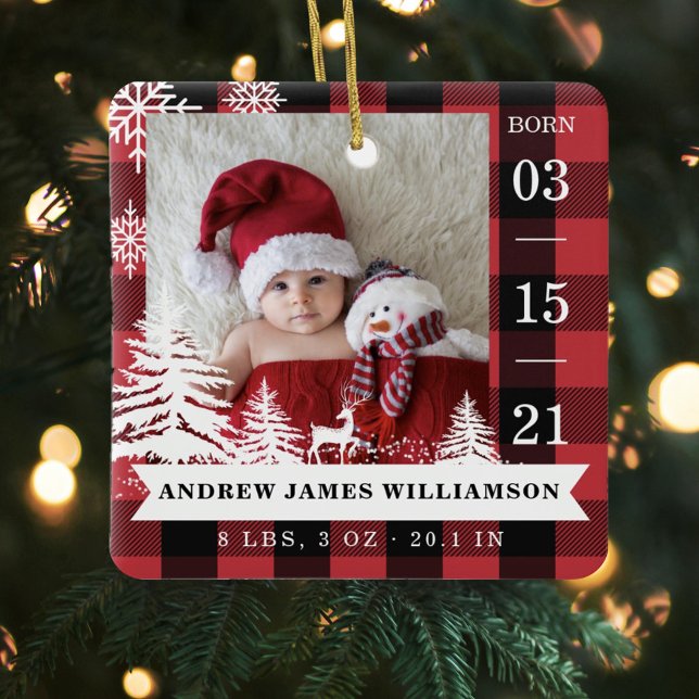 Ornement En Céramique Red Plaid Pine Tree Baby Birth Stats & Photos (Red Plaid Pine Tree Baby Birth Stats & Photos Ceramic Ornament)