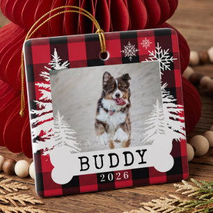 Ornement En Céramique Red Plaid Rustic Pine Trees Dog Bone Pet Photo