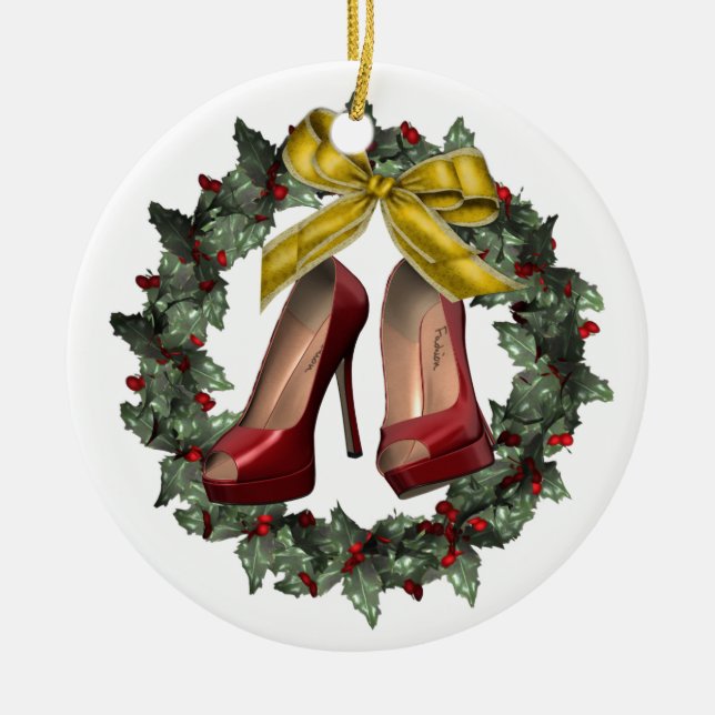 Ornement En Céramique Red Stiletto Chaussure Wreath Personnalisé Ornemen (Devant)