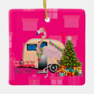 Ornement En Céramique remorque flamingo de noël