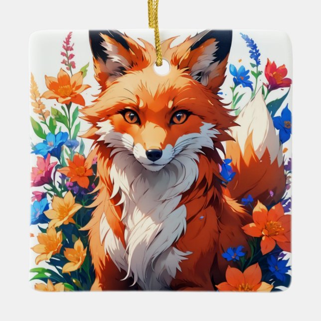 Ornement En Céramique Renard à fleurs (Devant)