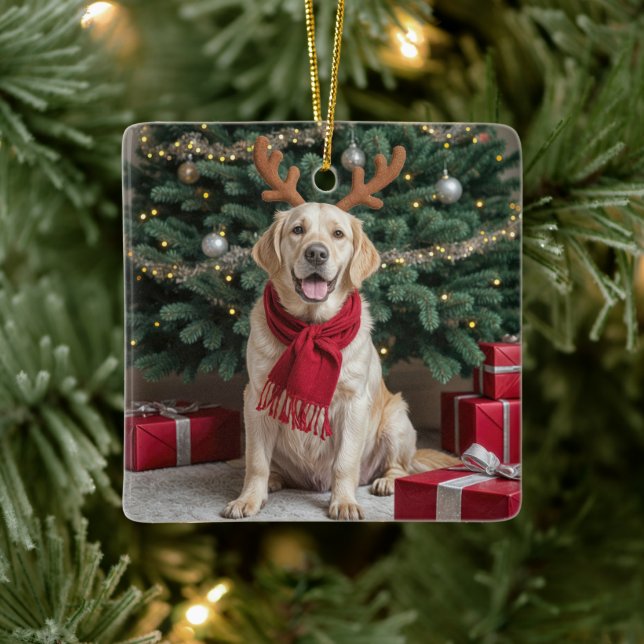 Ornement En Céramique Retriever Labrador de Noël avec Antlers (Arbre)