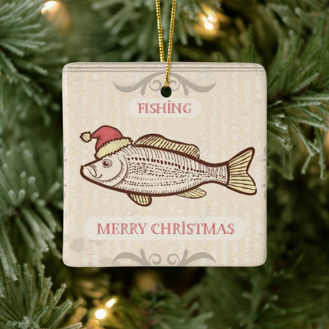 Ornement En Céramique Retro Pêche Poisson De Noël À Santa Hat (Arbre)