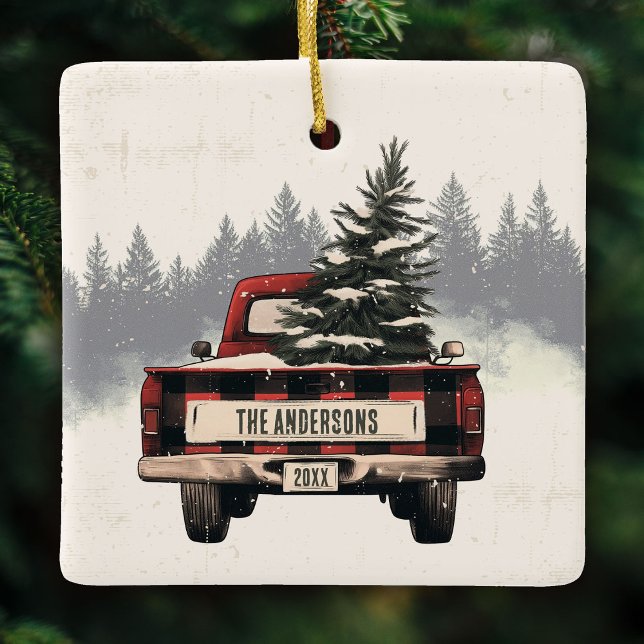 Ornement En Céramique Retro Red Plaid Camion de Noël personnalisé Nom de (Créateur téléchargé)