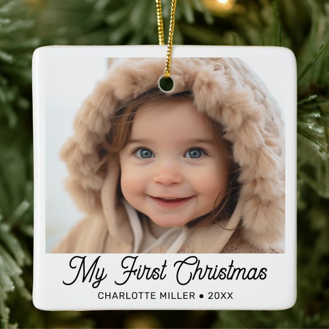 Ornement En Céramique Retro Script Baby's First Christmas Photo (My First Christmas, Cut Ornament With Photo)