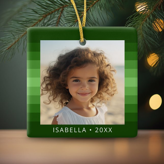 Ornement En Céramique Retro Stripes - Christmas Green - Simple Photo (Retro Stripe Ornament with green accents and your photo)