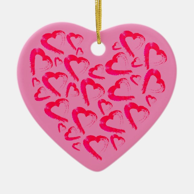 Ornement en céramique rose Coeurs rouges (Devant)