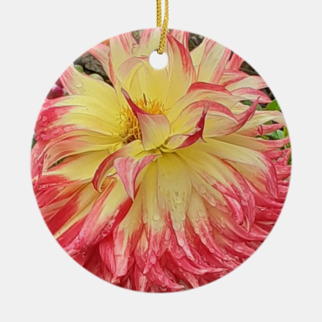 Ornement en céramique rose et jaune Dahlia (Devant)