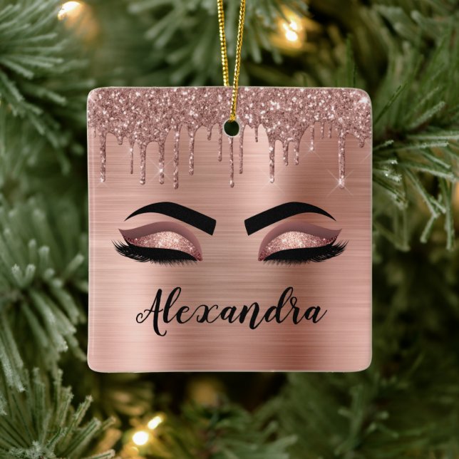 Ornement En Céramique Rose Gold Glitter Sparkle Eyelashes Monogram (Arbre)