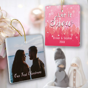 Ornement En Céramique Rose Laisser neiger la première photo de Noël