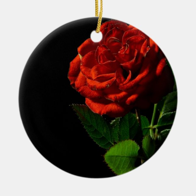 Ornement En Céramique Rose rouge sur Floral noir (Devant)