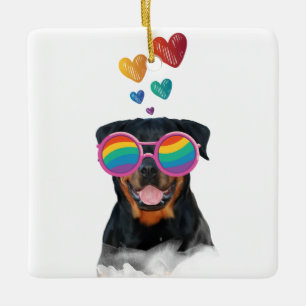 Ornement En Céramique Rottweiler Chien avec Coeurs Saint-Valentin