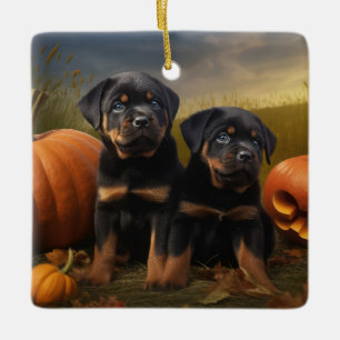 Ornement En Céramique Rottweiler Chiot Automne Citrouille de plaisir