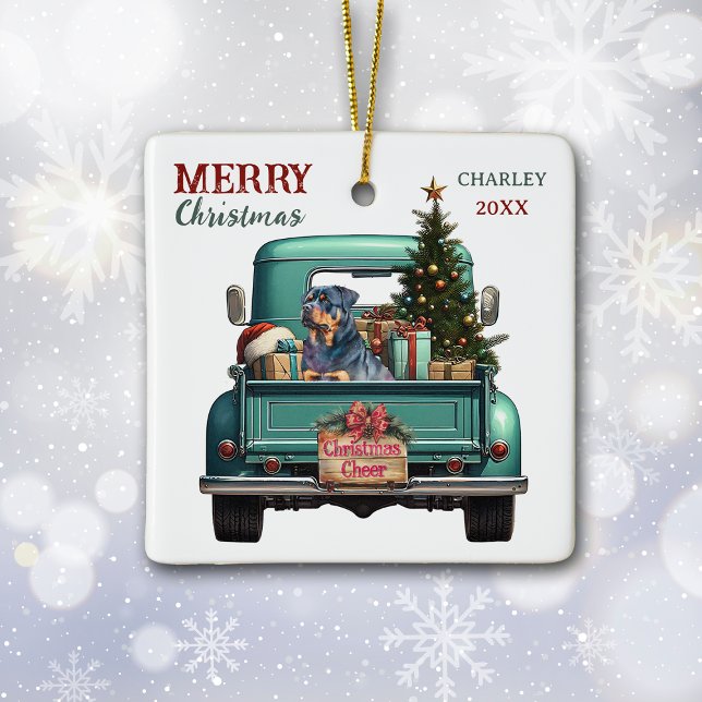 Ornement En Céramique Rottweiler Dog Retro Truck Christmas (Créateur téléchargé)
