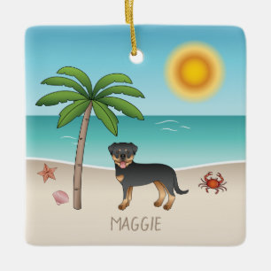 Ornement En Céramique Rottweiler noir et feu sur une plage tropicale en 