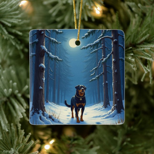 Ornement En Céramique Rottweiler Starry Forest Hike Christmas Painting (Arbre)