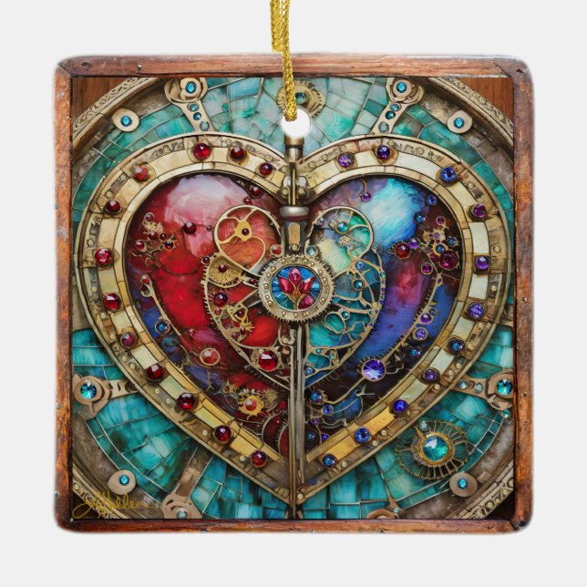 Ornement En Céramique Rouge & Bleu Vitrail Heart Steampunk Series (Devant)