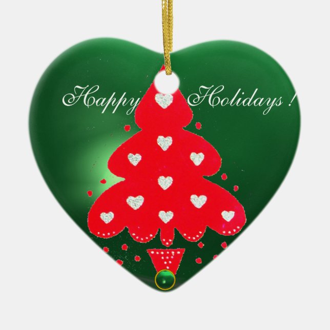 Ornement En Céramique ROUGE NOËL ARBRE VACANCES FÊTE COEUR vert (Devant)