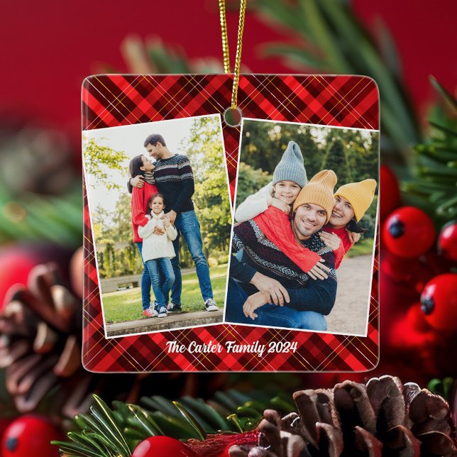Ornement En Céramique Rouge Plaid Tartan Noël 2 Photo de famille (Créateur téléchargé)