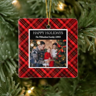 Ornement En Céramique Rouge Plaid Tartan Photo Joyeux Noël