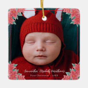 Ornement En Céramique Rouge Poinsettia Noël Photo personnalisée