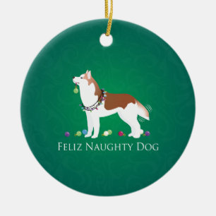 Ornement En Céramique Rouge Sibérien Husky Feliz Naughty Chien Noël