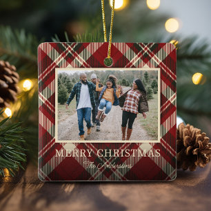 Ornement En Céramique Rouge Tartan Photo Plaid Noël