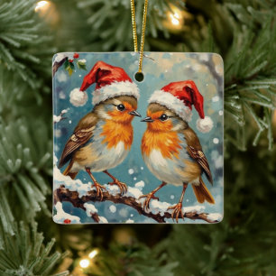 Ornement En Céramique Rouges-gorges vintage avec chapeaux de Père Noël s