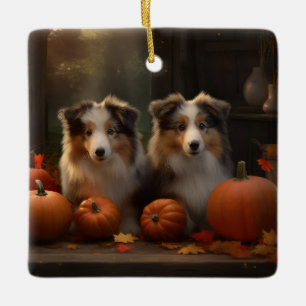 Ornement En Céramique Rough Collie Puppy Automne Citrouille de plaisir