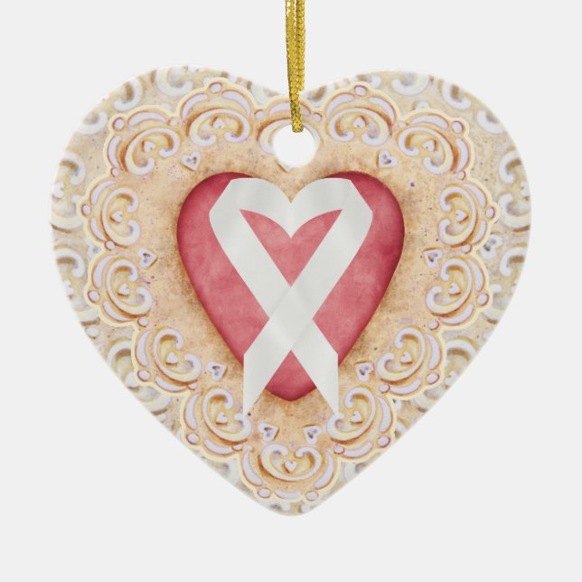 Ornement En Céramique Ruban blanc sur le cancer du poumon #2 du coeur -  (Devant)
